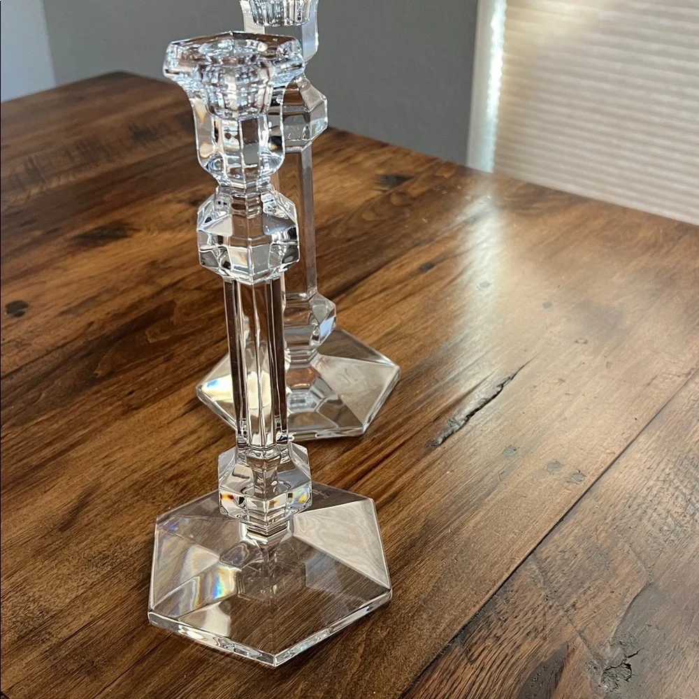 Vintage Pair of Val St. Lambert Gardenia Crystal Candlesticks Like New Signed